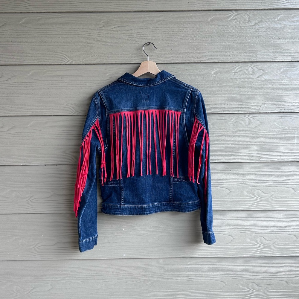 Gap Pink Fringe Medium Wash Denim Jacket Casual One of a Kind Statement Like New